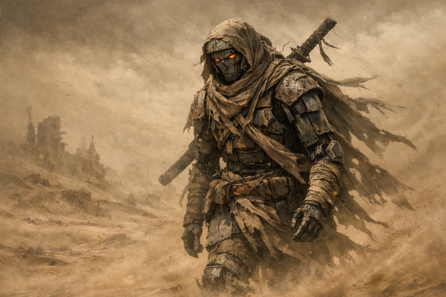Guerreiro robô antigo caminhando sozinho pela tempestade no deserto