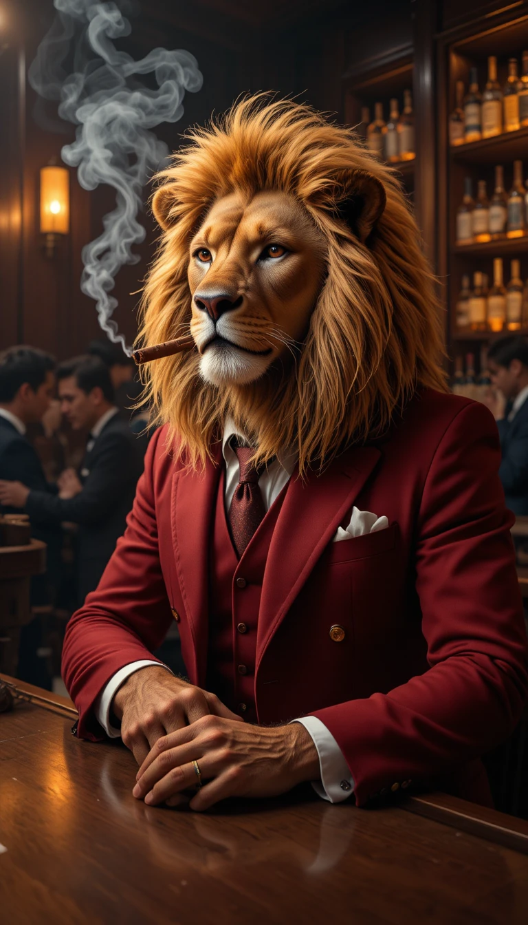 Majestic lion in red suit at a classic mahogany bar