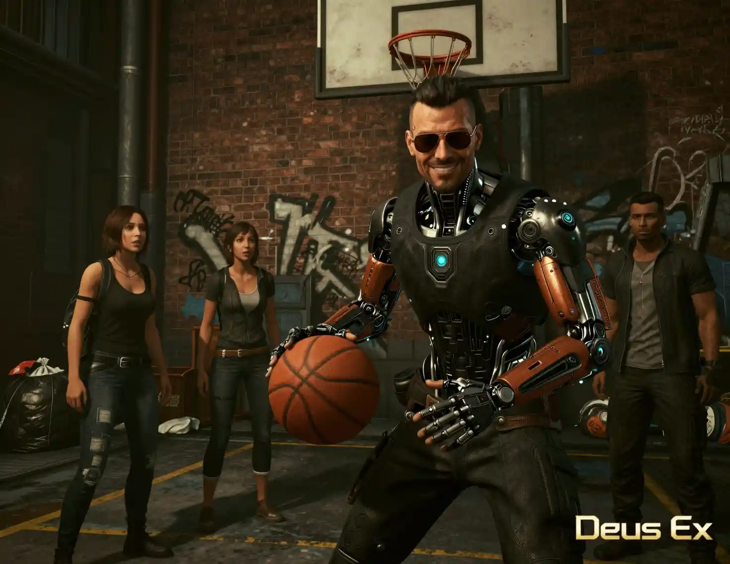 Augmented detective holding basketball in gritty city alley