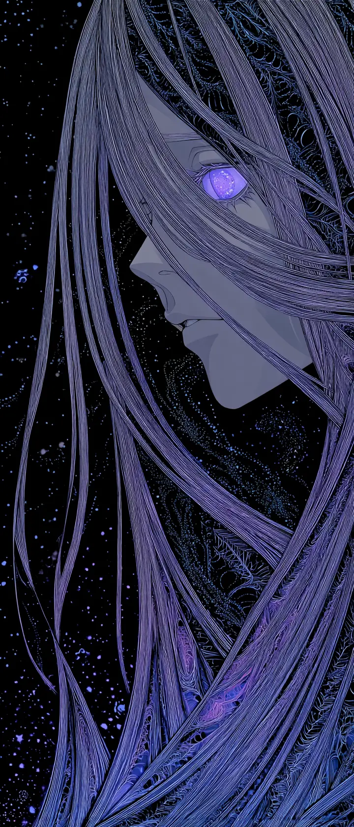 Surreal anime profile in swirling shadows and starlit void