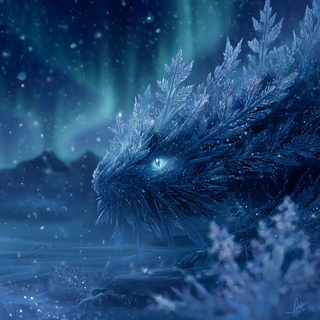 Snowflake creature wandering across a glowing frozen tundra