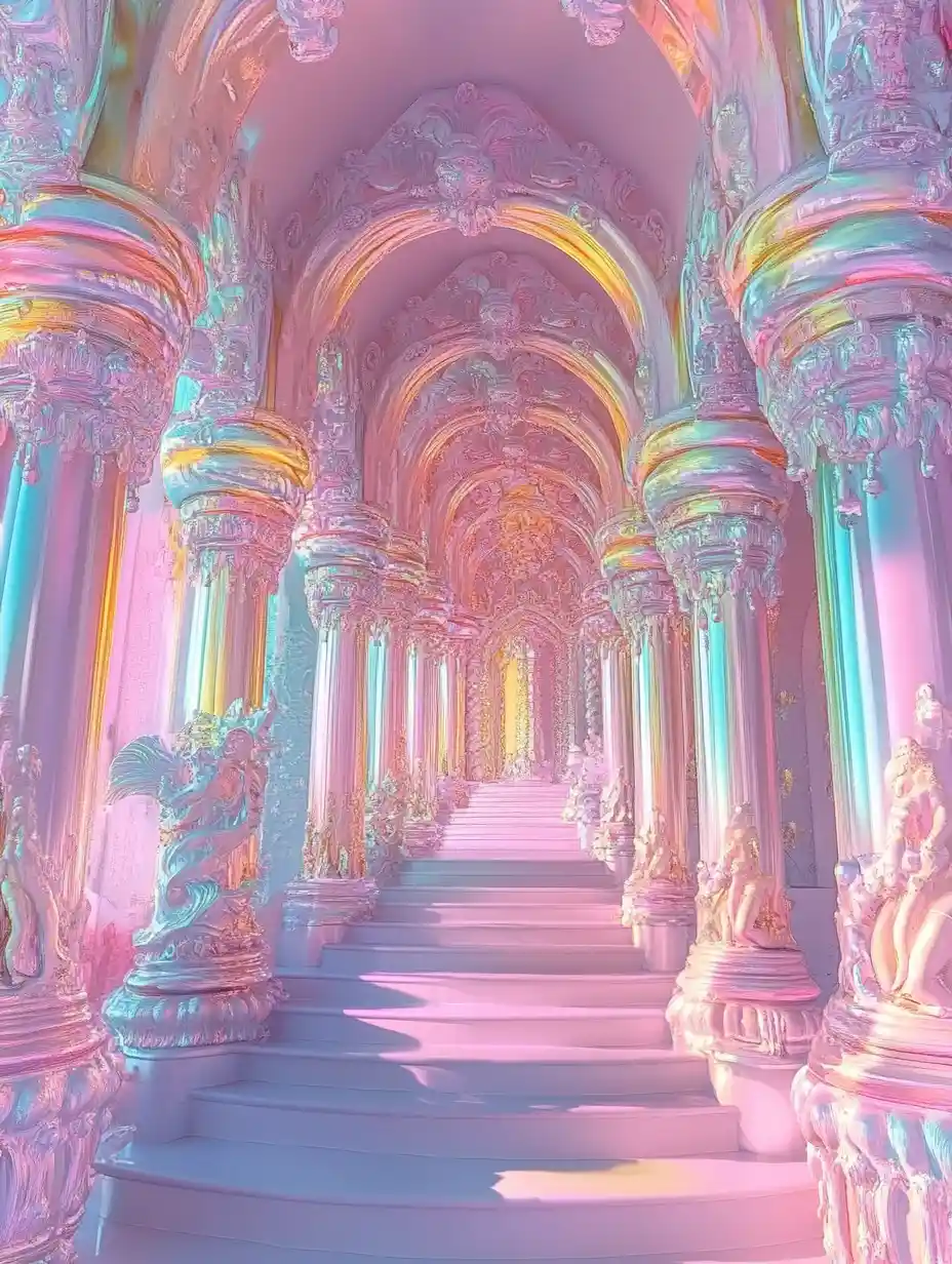 Whimsical psychedelic metallic art in bright pastel colors