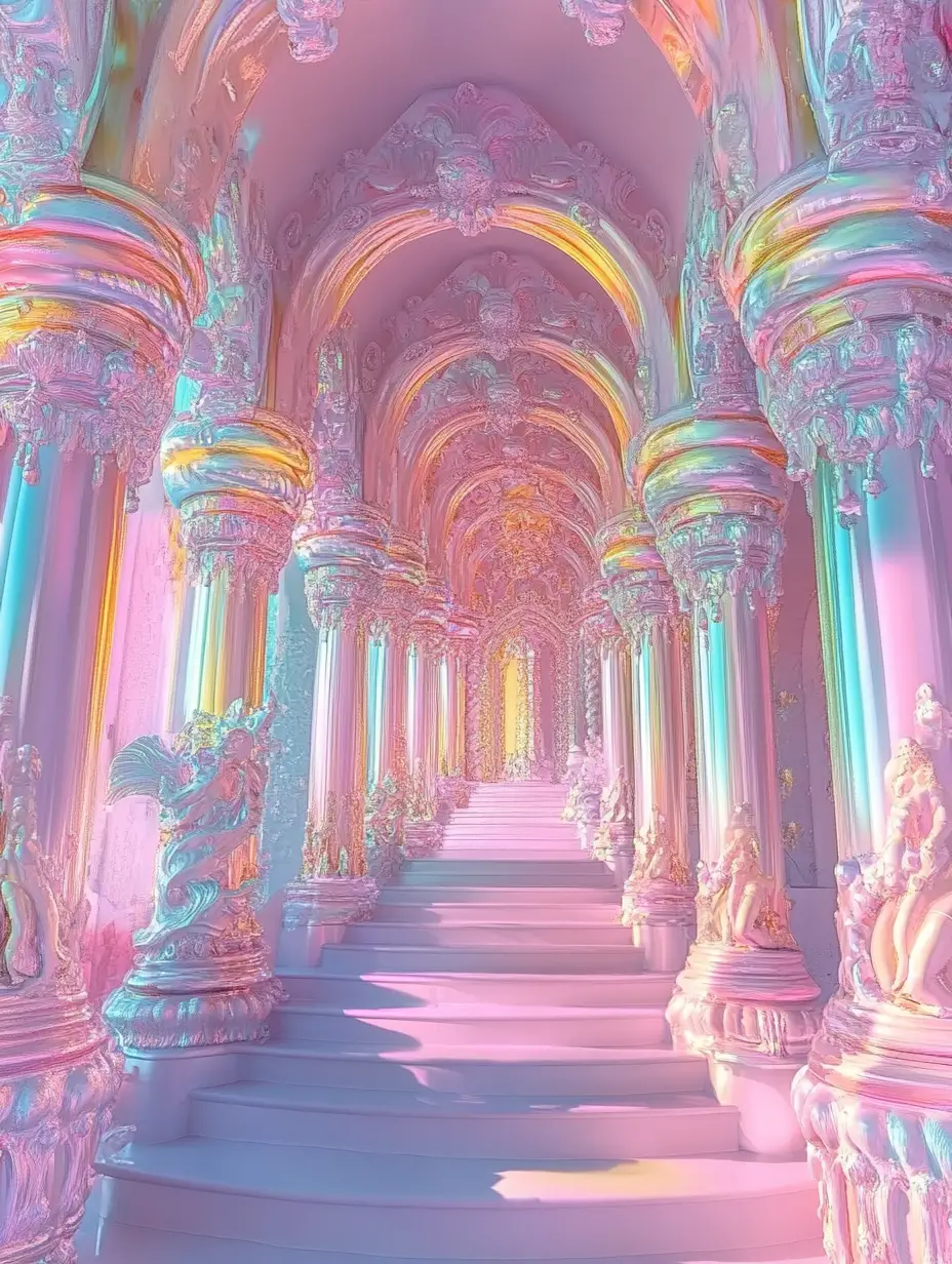 Whimsical psychedelic metallic art in bright pastel colors