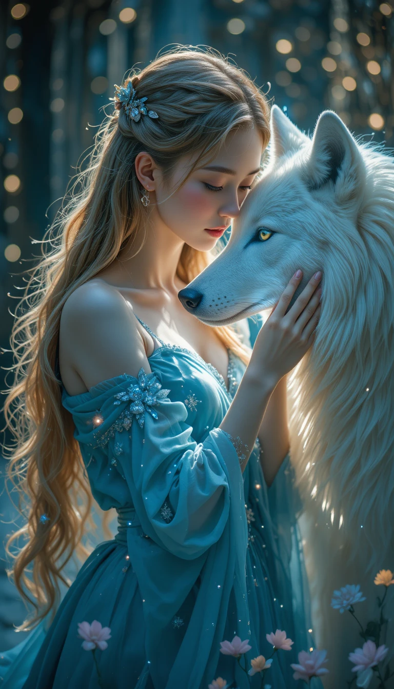 Golden haired maiden resting gently against an ethereal wolf