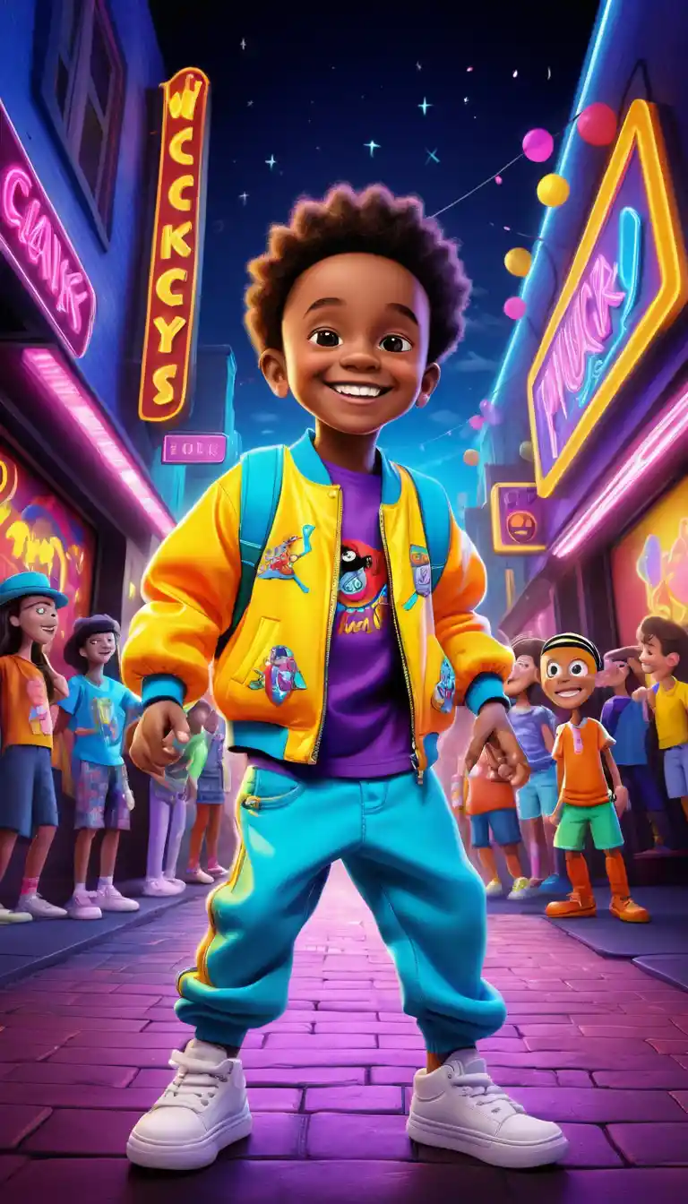 Playful child outside neon nightclub in cartoon style