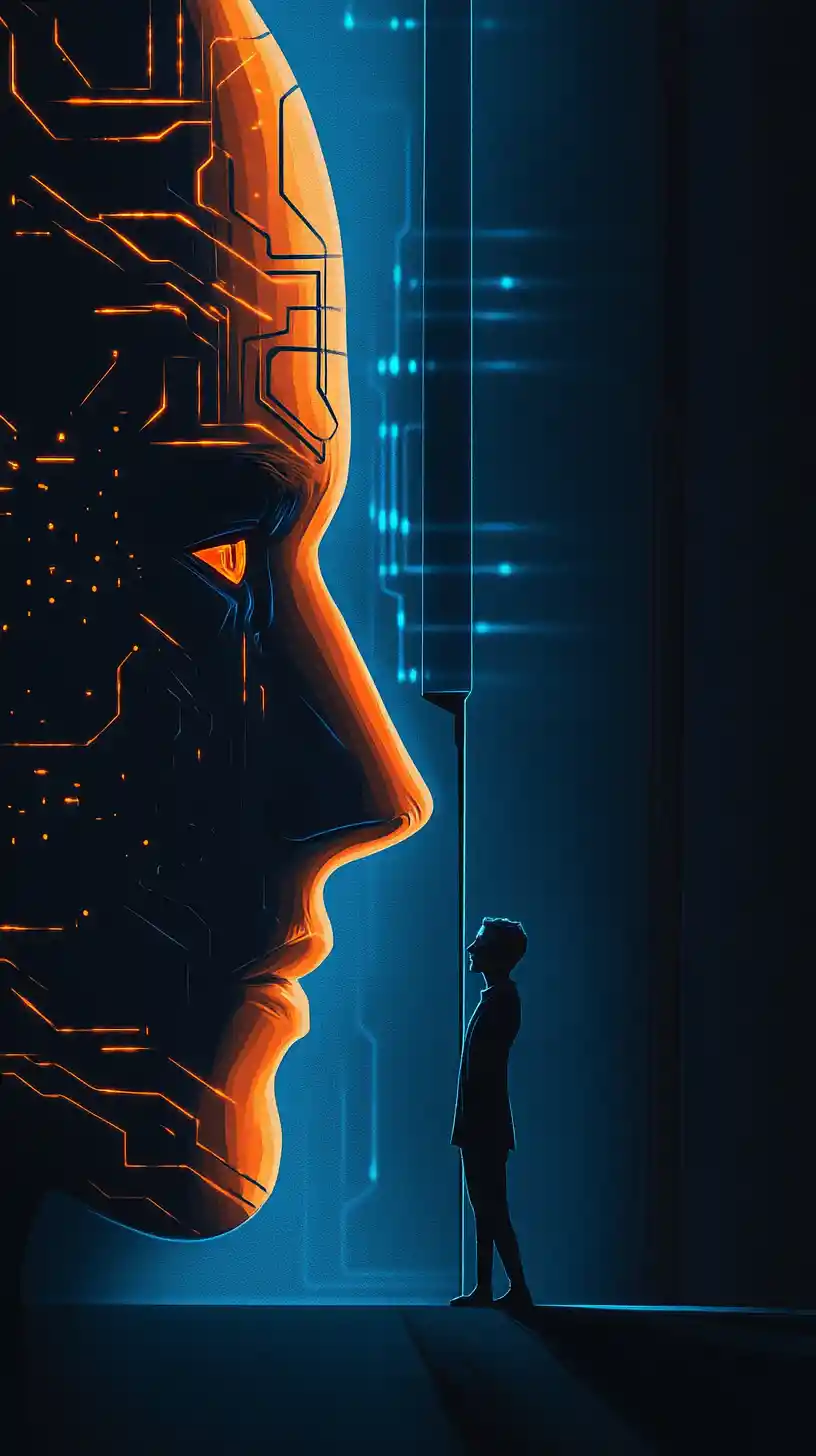 Artista de IA frente a una interfaz digital humana luminosa