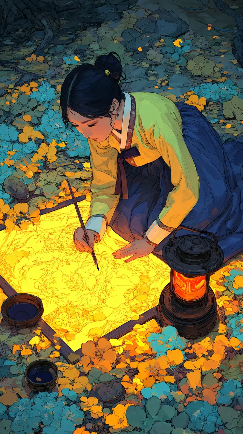 Young woman painting by lantern light on floral ground