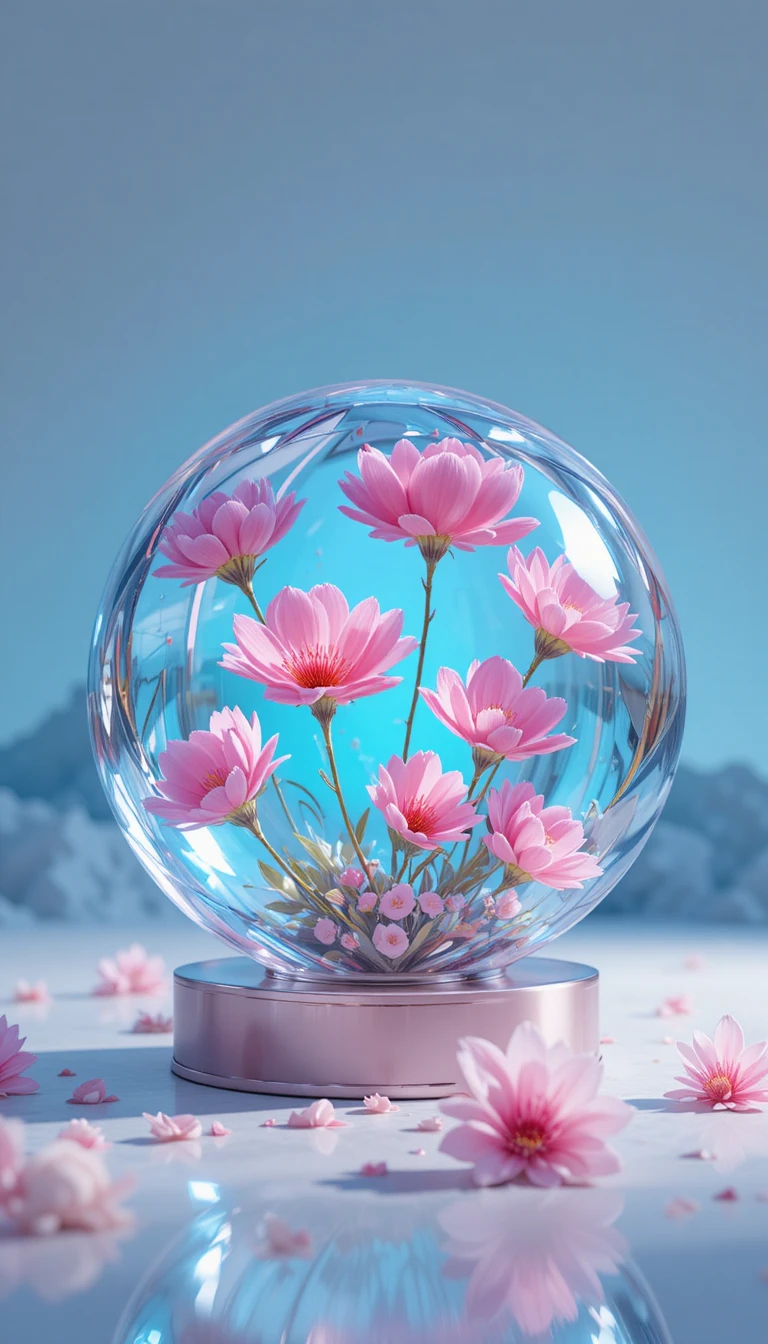 柔らかな青い背景に春の花が咲く光るガラス球