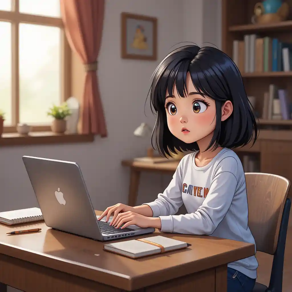 Niña curiosa de caricatura estudiando con portátil en un escritorio acogedor
