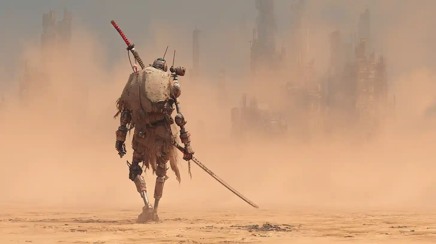 Antico guerriero robot che cammina attraverso una dura tempesta nel deserto
