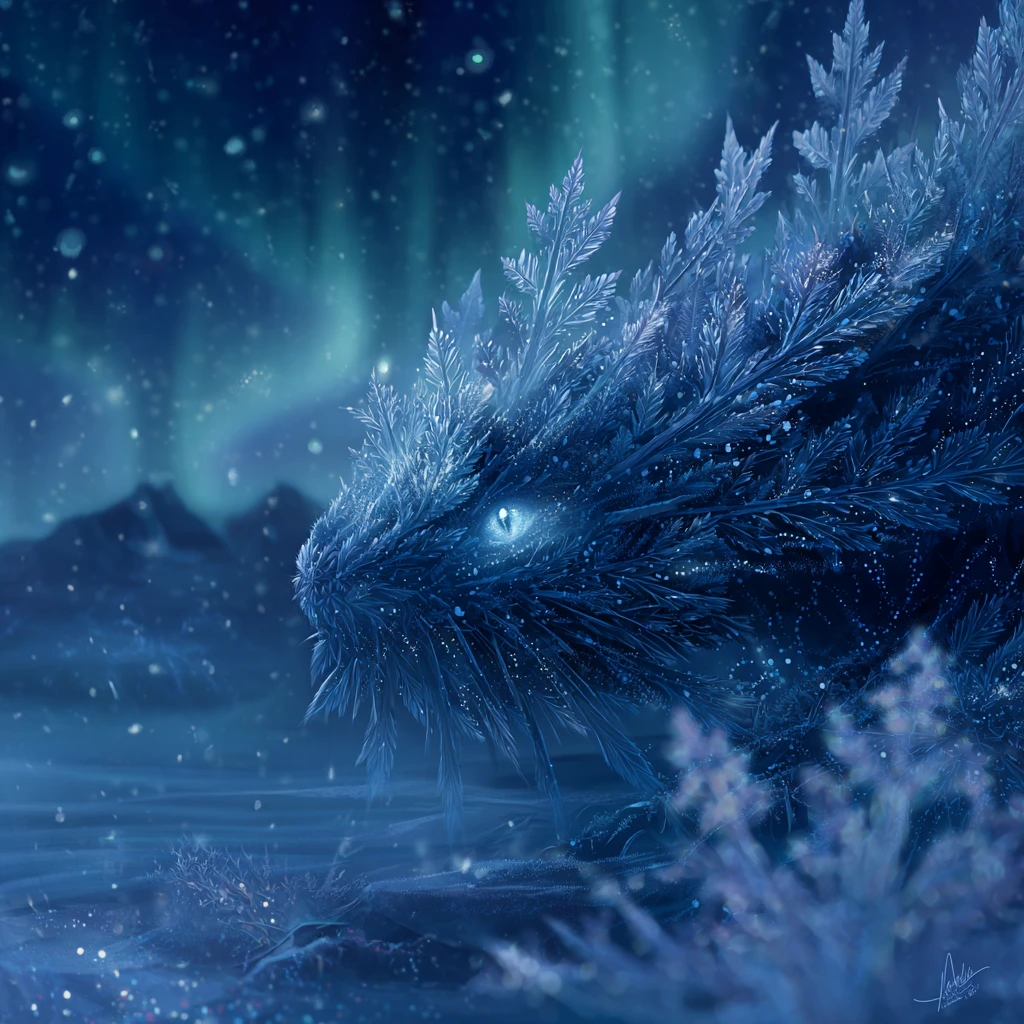 在發光冰封苔原上遊蕩的雪花生物
