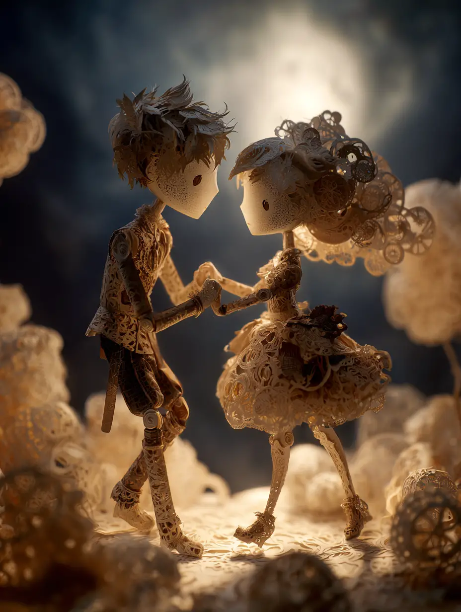 Steampunk paper couple dancing under a golden spotlight