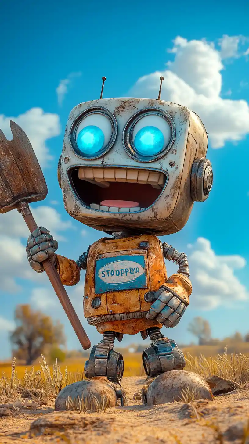 Cute cartoon robot in padded jacket on sunny grassland