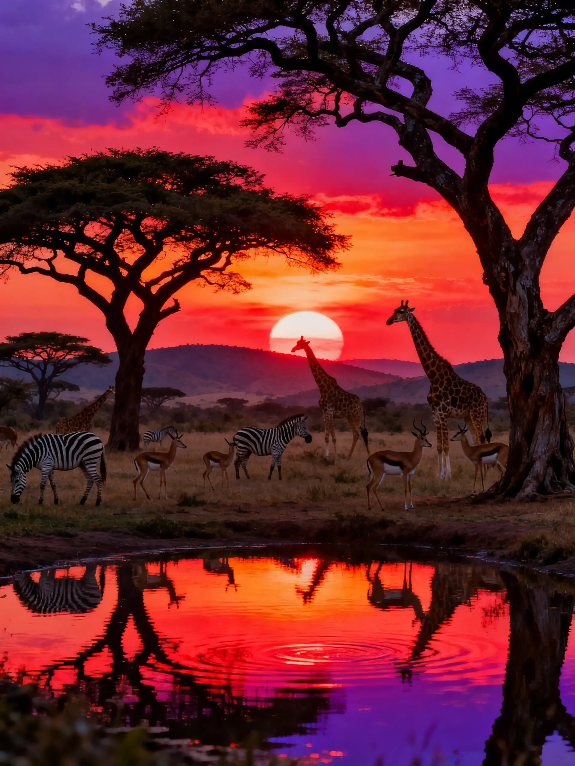 African savannah sunset with diverse wildlife at watering hole
