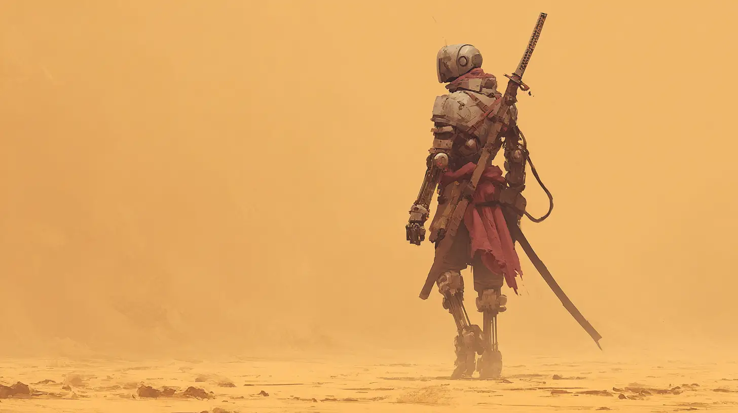 Ancient robot warrior walking through a vast desert sandstorm