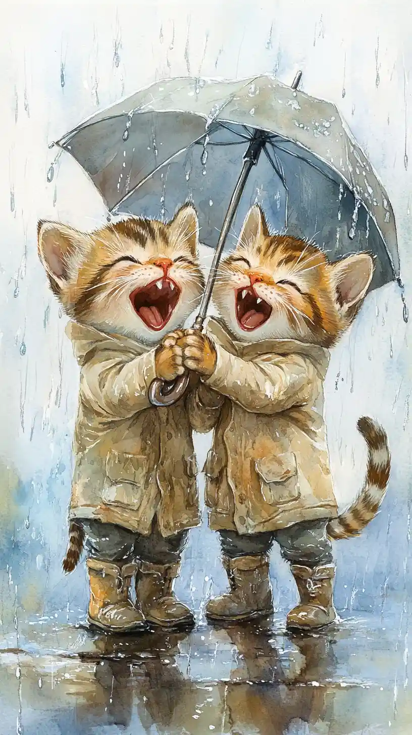 Chatons en aquarelle partageant un parapluie sous la pluie