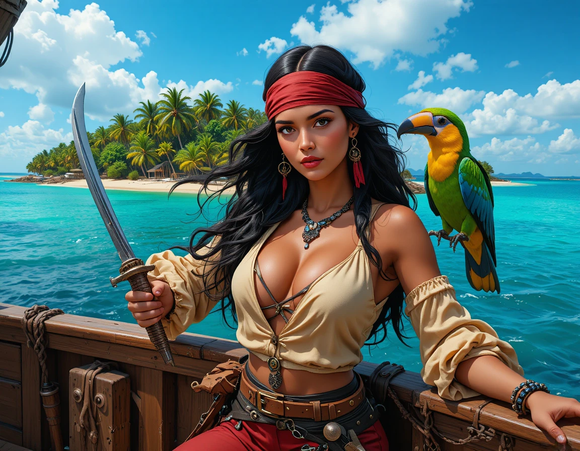 Latina pirate woman with toucan on tropical ship deck