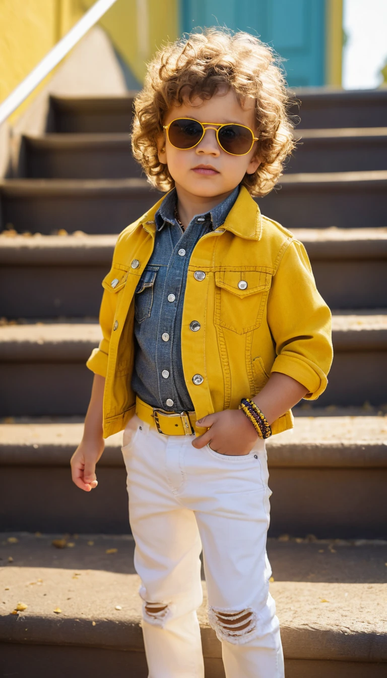 Niño pequeño con estilo posando con confianza en unas escaleras exteriores iluminadas por el sol