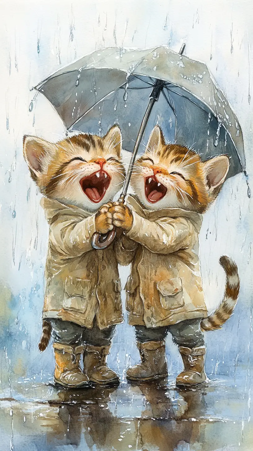 Watercolor kittens sharing an umbrella in the rain