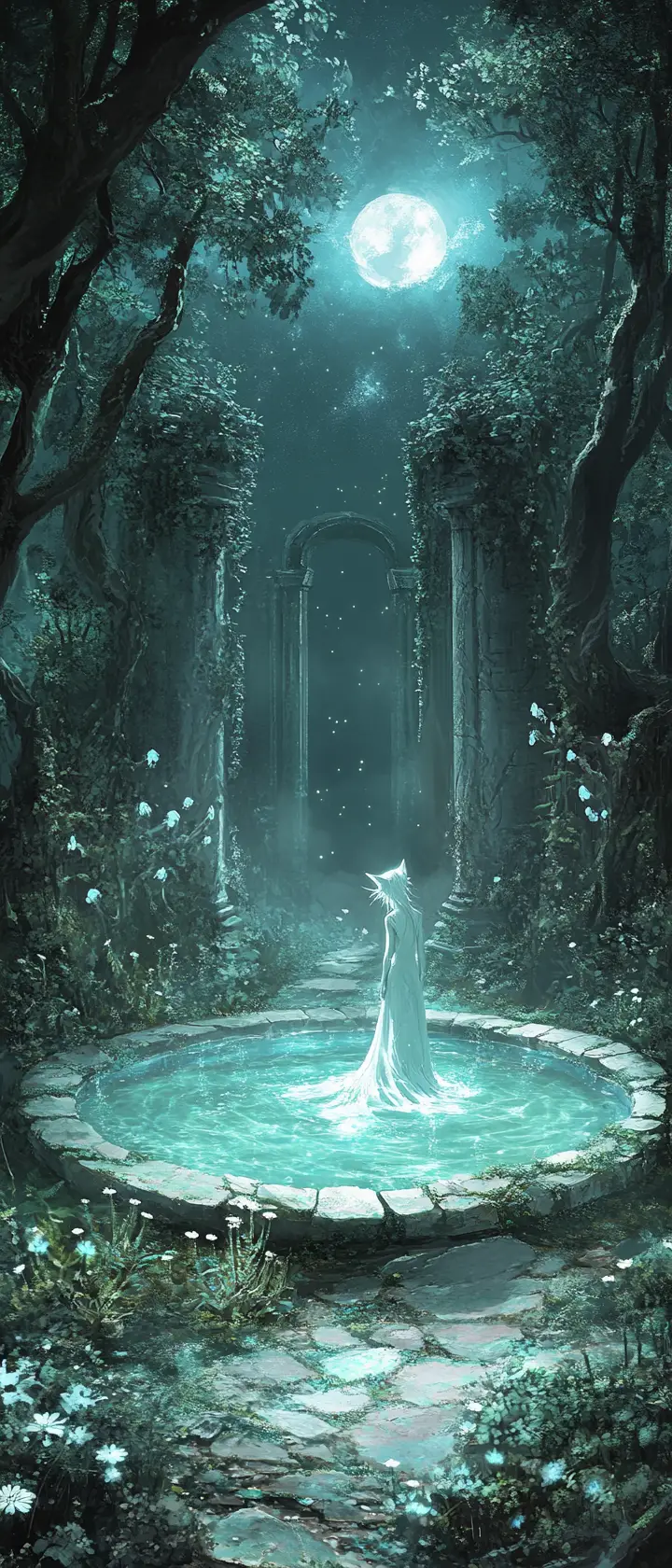 Anthropomorphic elf cat singing by a moonlit forest pond