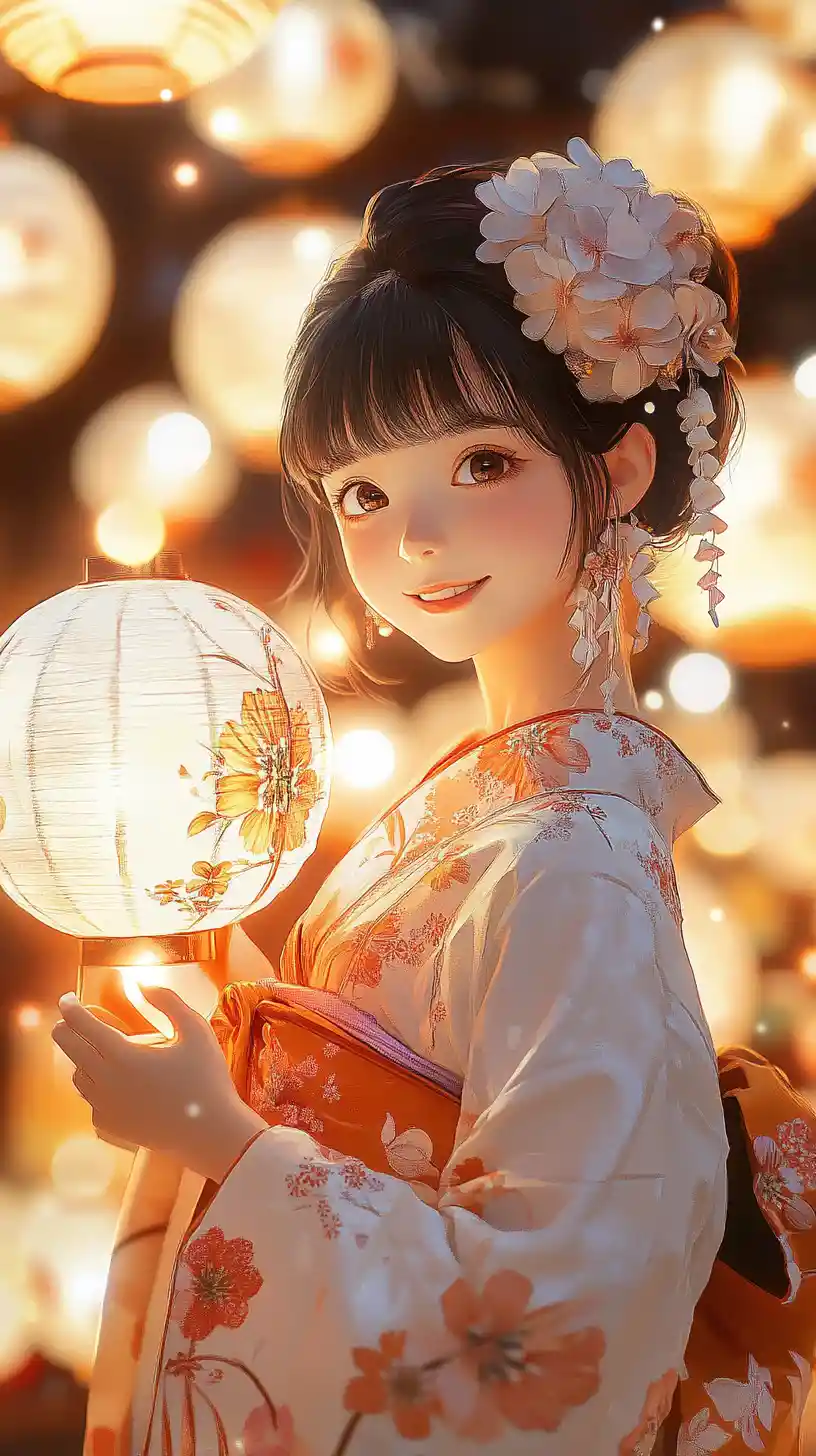 Anime girl in kimono holding glowing paper lantern