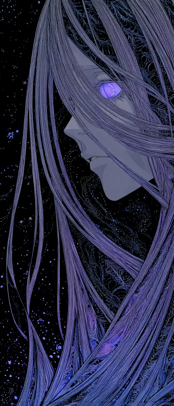 Surreal anime profile in swirling shadows and starlit void