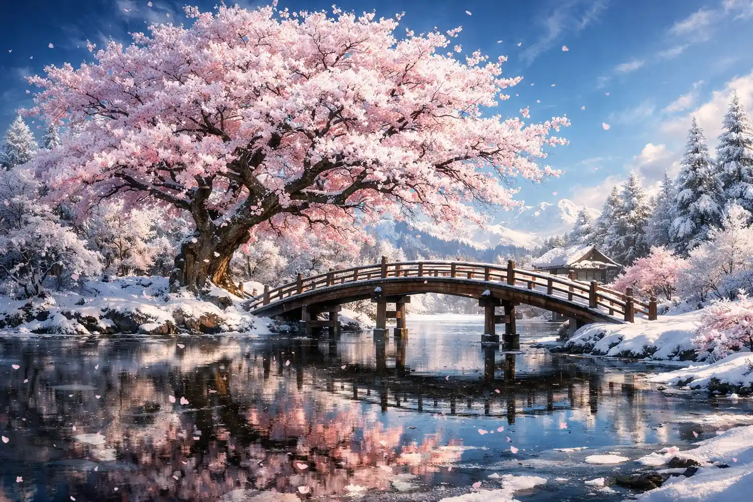 Cerezo en flor sobre lago congelado en la Japón rural