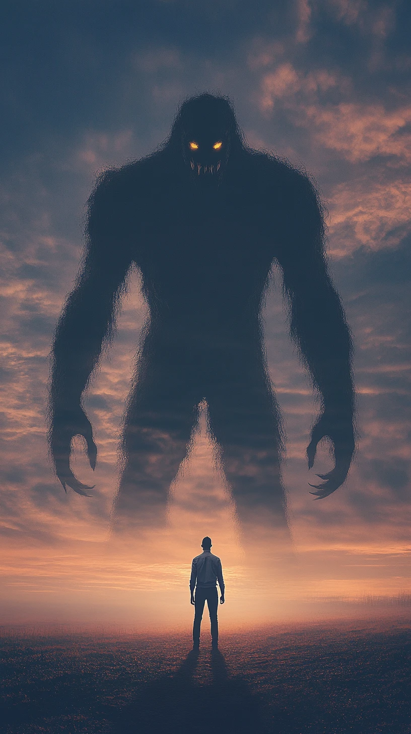 Person at sunset with a looming monstrous shadow behind