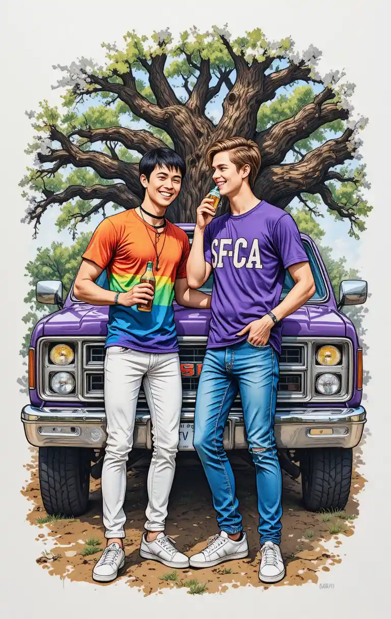 Two young men sharing beers by a purple pickup truck