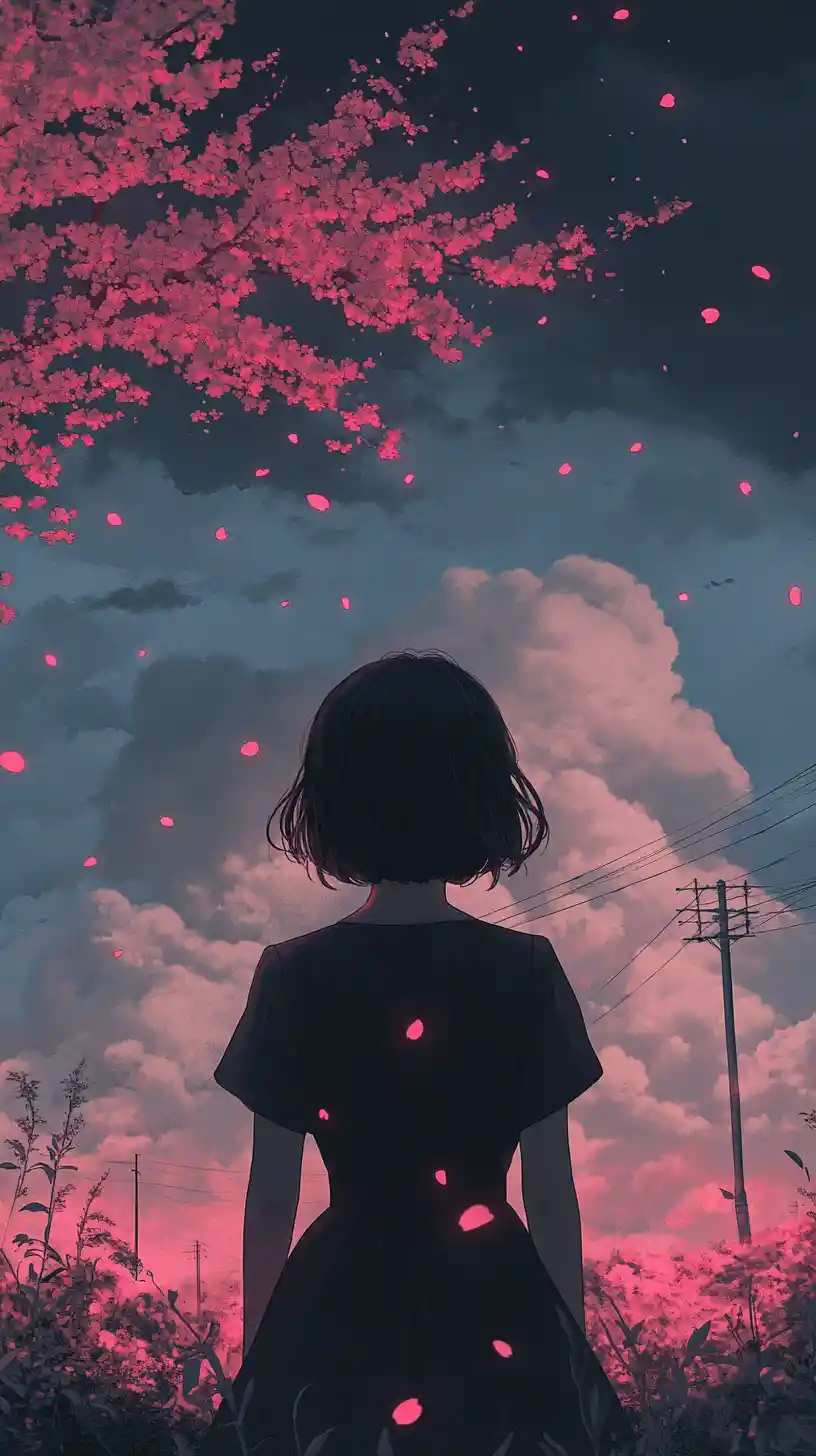 Anime girl in glowing pink dress under cherry blossoms