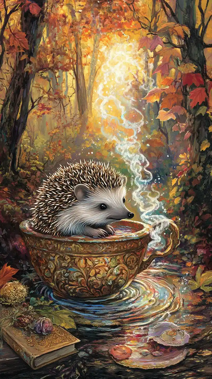 Riccio bebé gioioso in una magica scena di bagno nel bosco