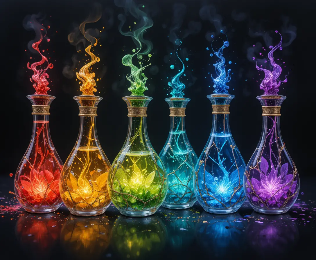 Row of colorful glowing magical potions on dark abstract background