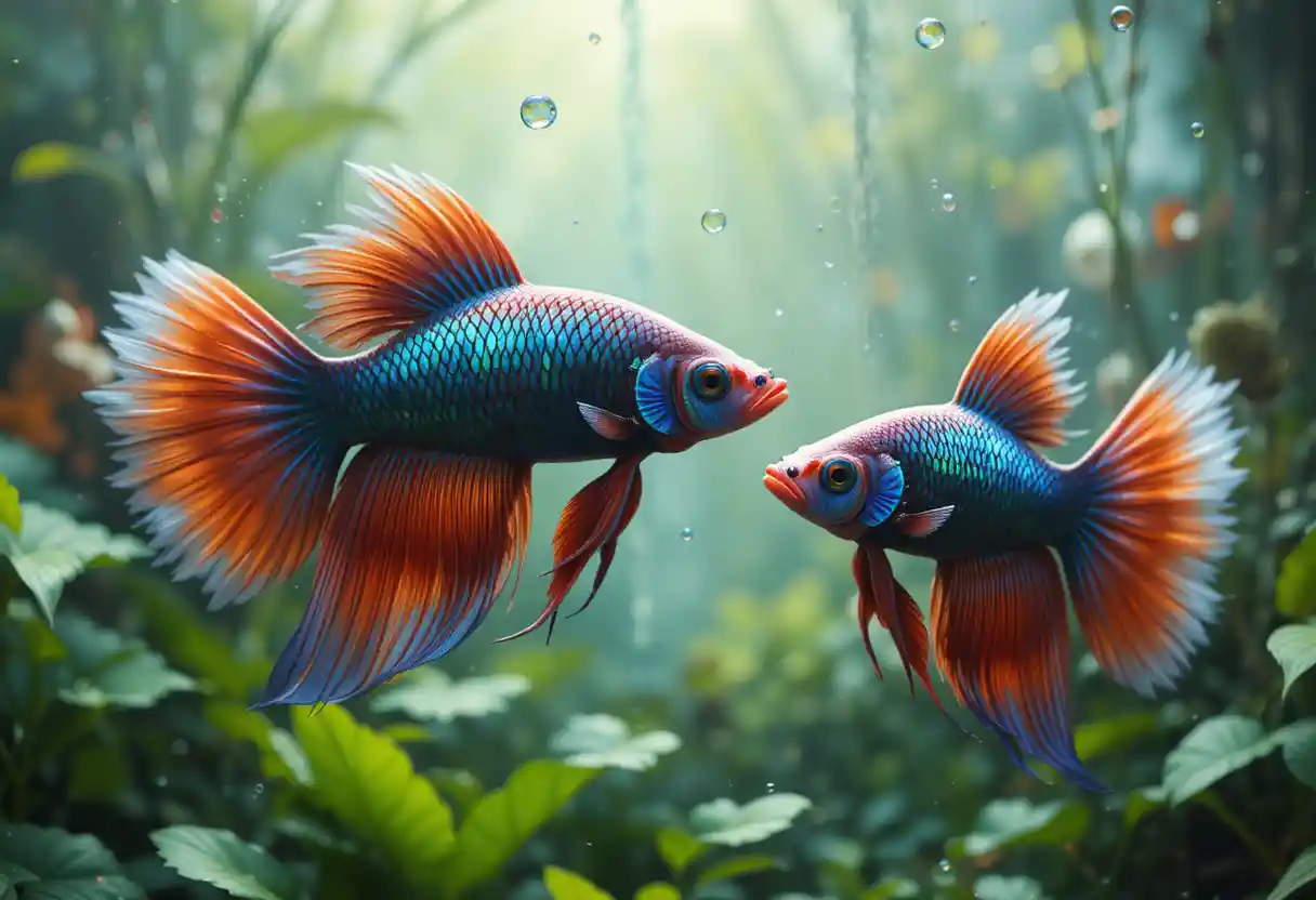 Colorful Siamese Fighting Fish In Lush Aquatic Plants