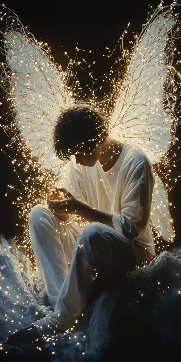 Person Quietly Sewing Golden Stitches Into Broken Wings
