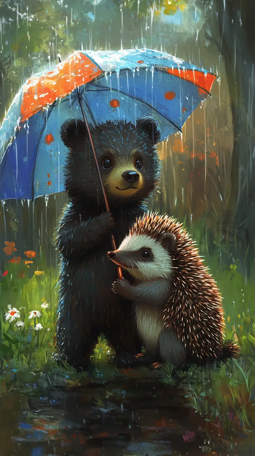 Bear Cub And Hedgehog Sharing An Umbrella In The Rain