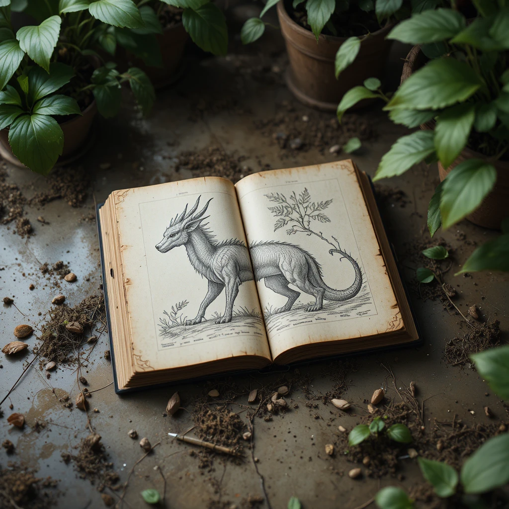 Broken book lying on plant covered forest floor