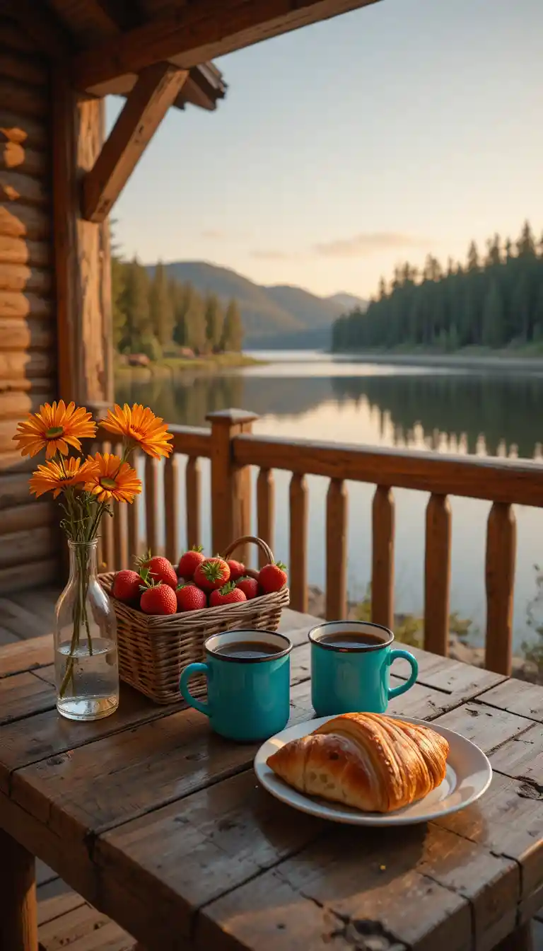 Acogedor desayuno en una terraza de madera junto a un lago tranquilo