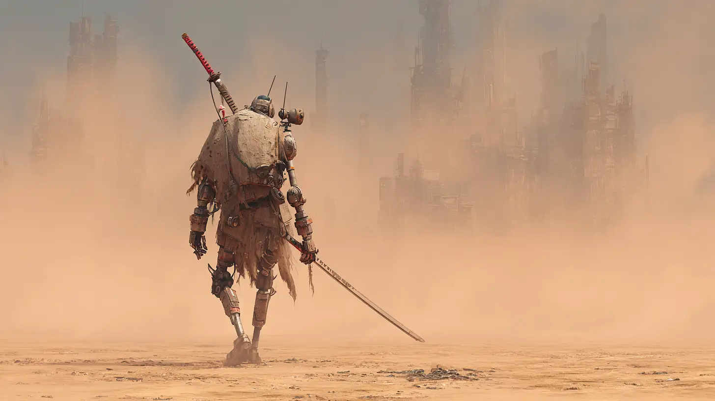 Ancient robot warrior walking through a harsh desert storm