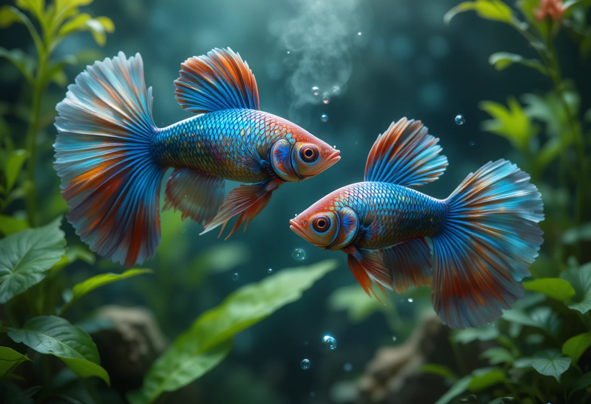Peces de pelea coloridos nadando entre exuberantes plantas acuáticas
