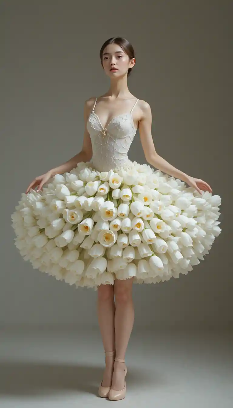 Ballet girl with white tulip flower skirt in minimal style