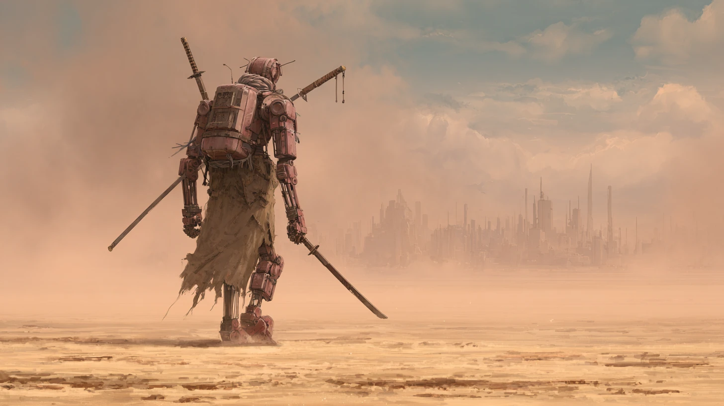 Ancient robot warrior crossing a vast desert wasteland