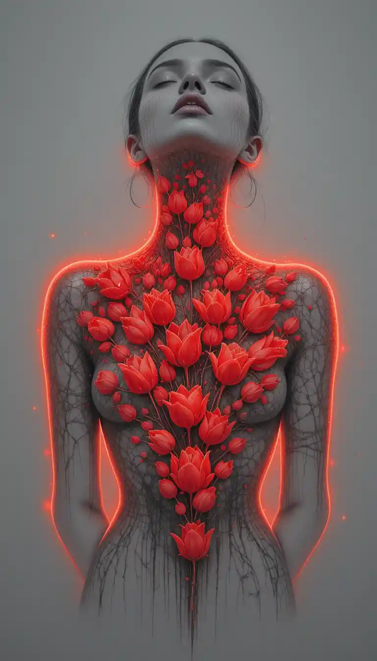 Close up neckline made of glowing red tulip blossoms