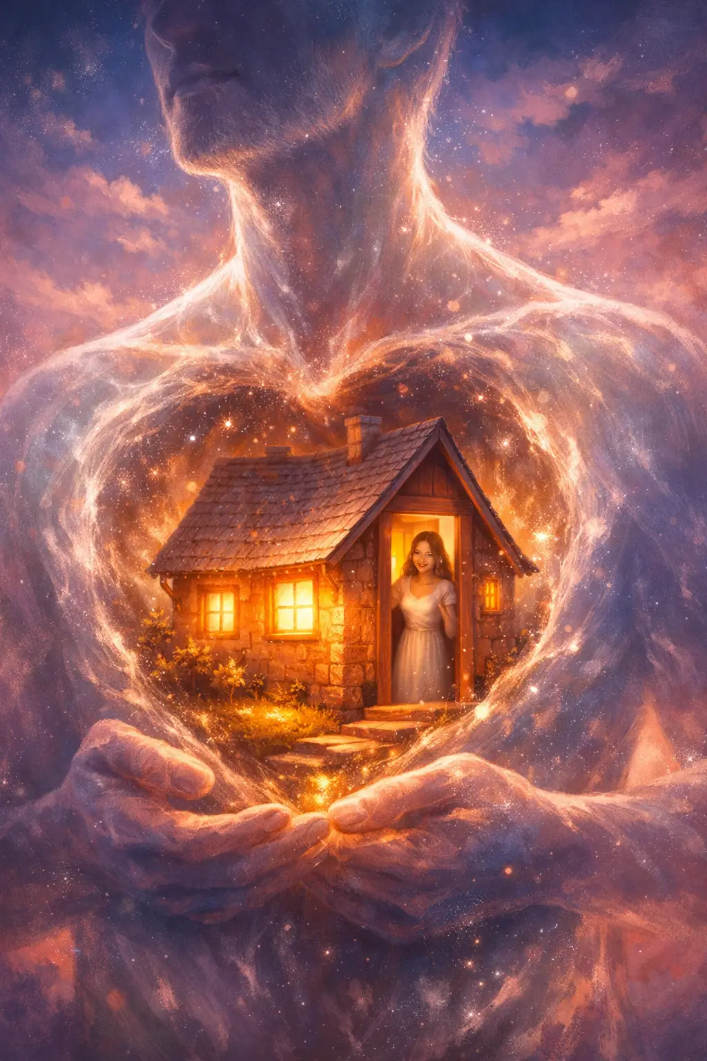 Surreal glowing house inside a mans luminous chest