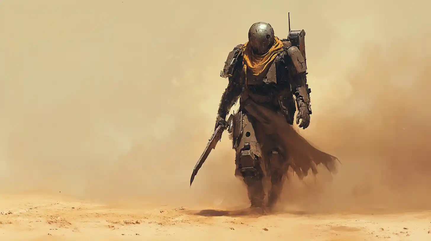 Antico guerriero robot che cammina da solo nel deserto desolato