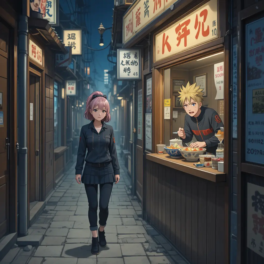 Anime girl confronting friend at busy ramen stall scene