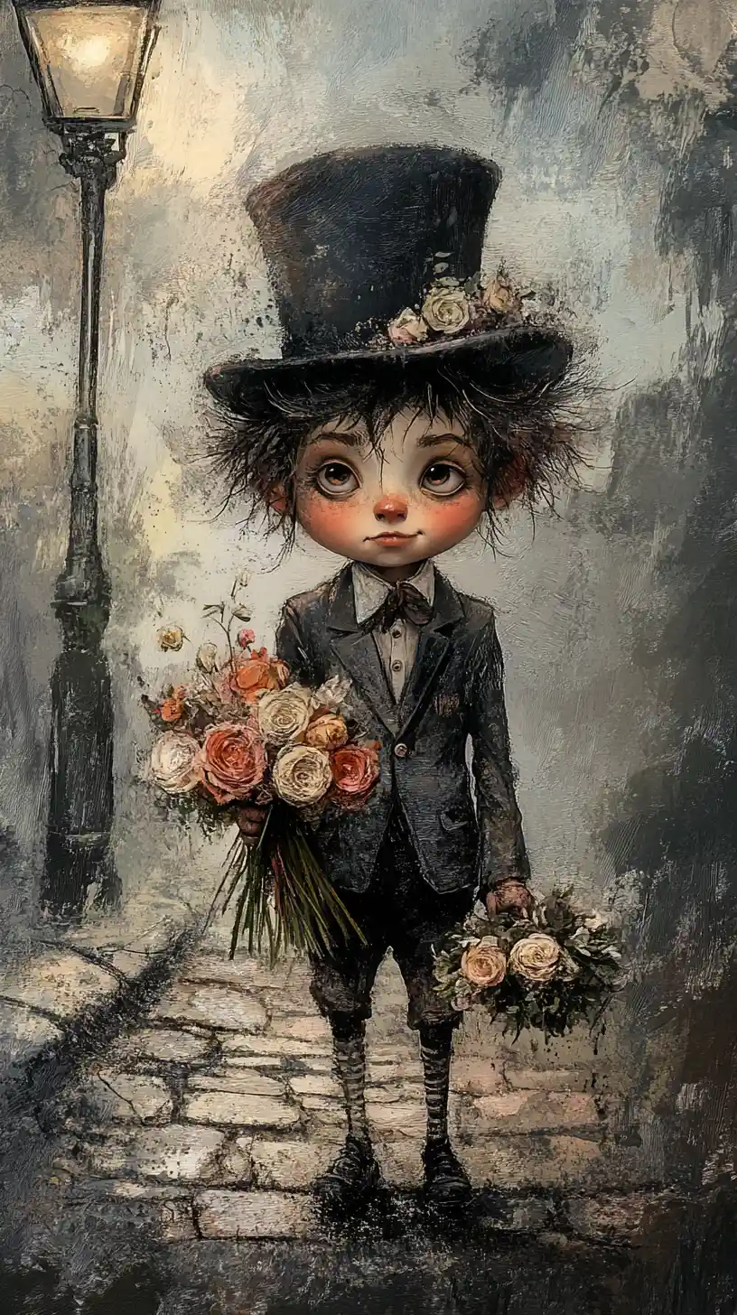 Whimsical Little Boy In Oversized Suit On Cobblestone Path