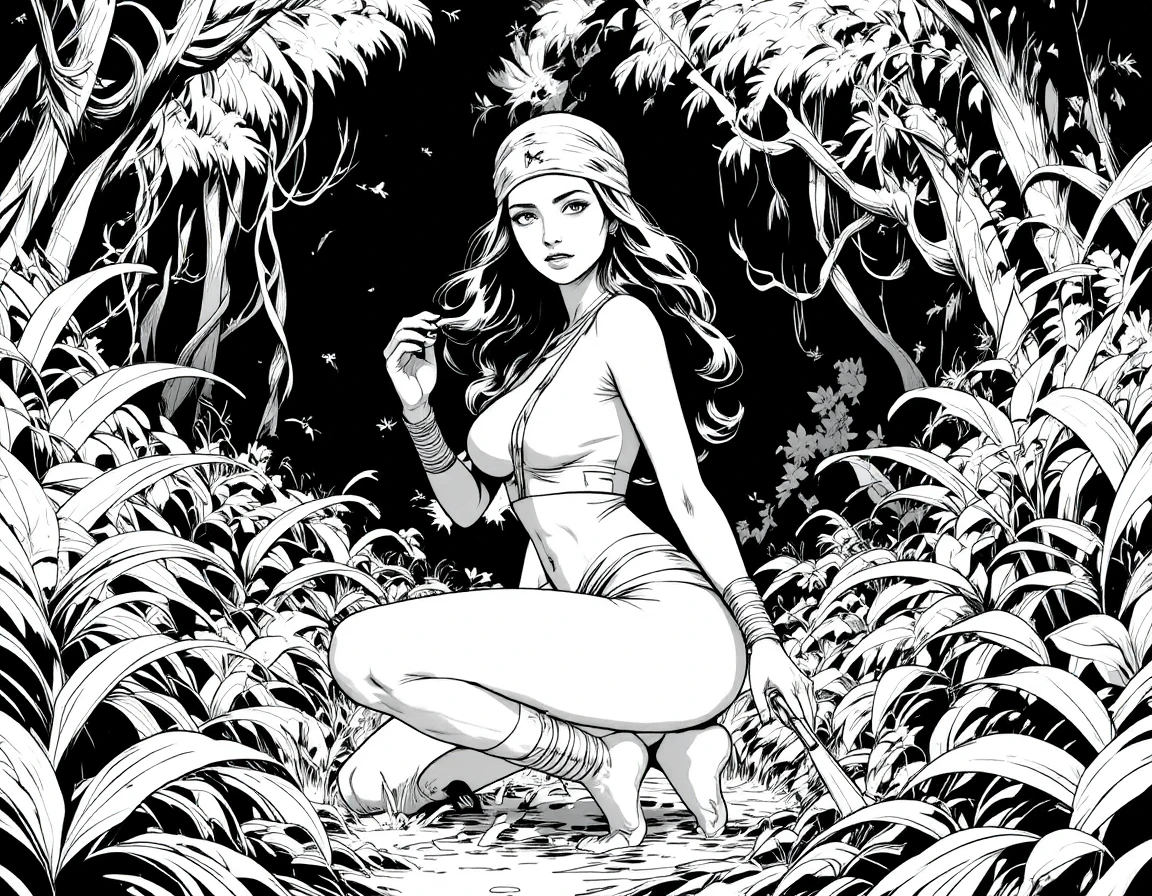 Determined warrior woman kneeling in a dramatic jungle scene
