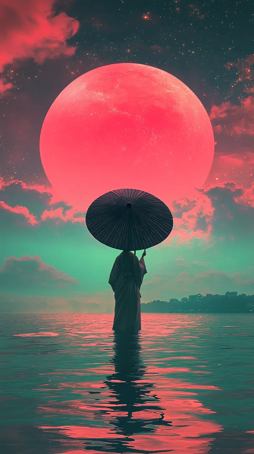 Woman in hanfu with parasol beneath a purple sun