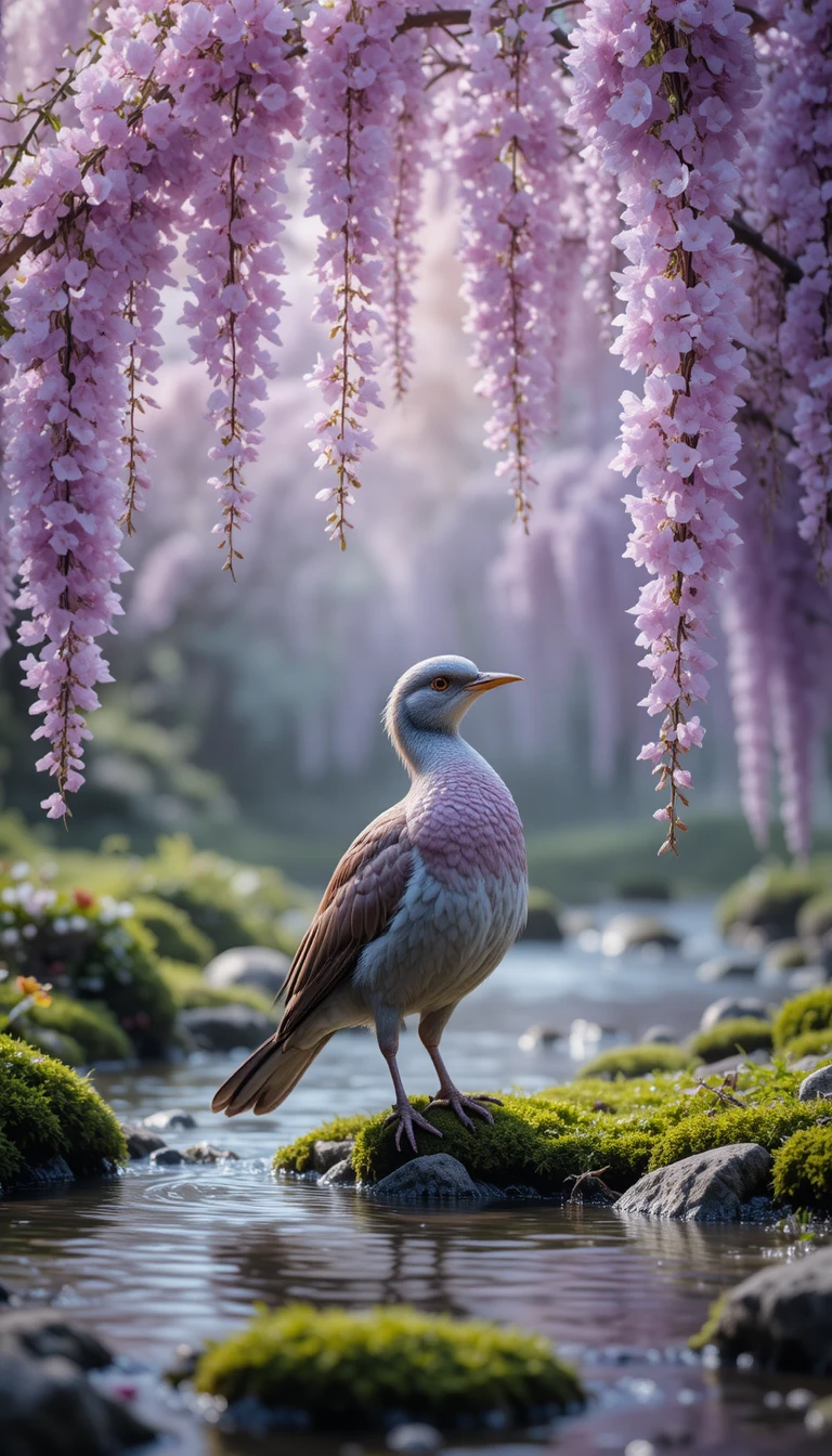 森の小川と咲き誇る花に囲まれた優雅な鳥
