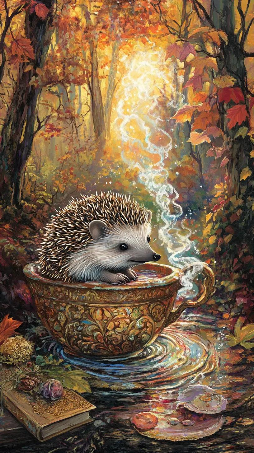 Joyful baby hedgehog in a magical woodland bath scene
